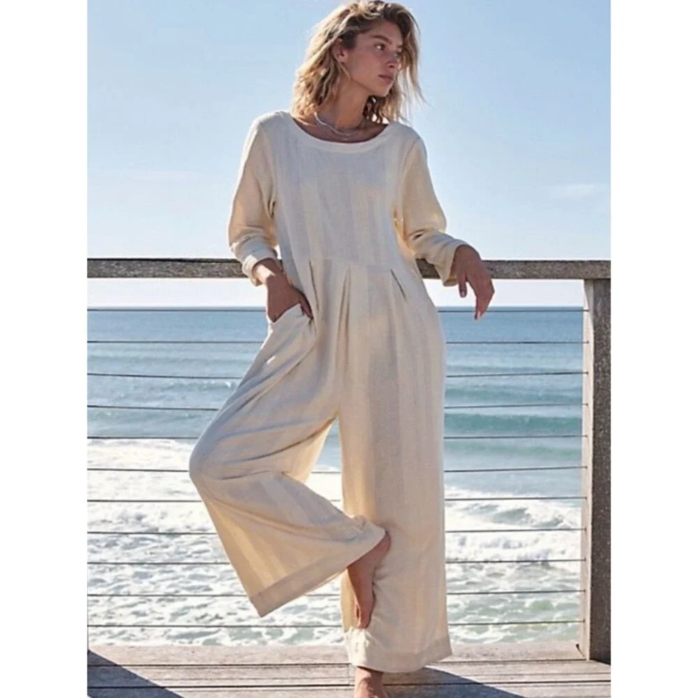 Free People Cream Shiloh One Piece Wideleg Coastal Bohemian Jumpsuit Size Small